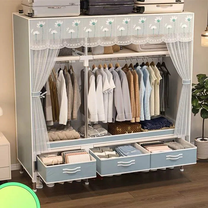Curtain Front Metal Wardrobe Armoire With Drawers And Hanging Rod