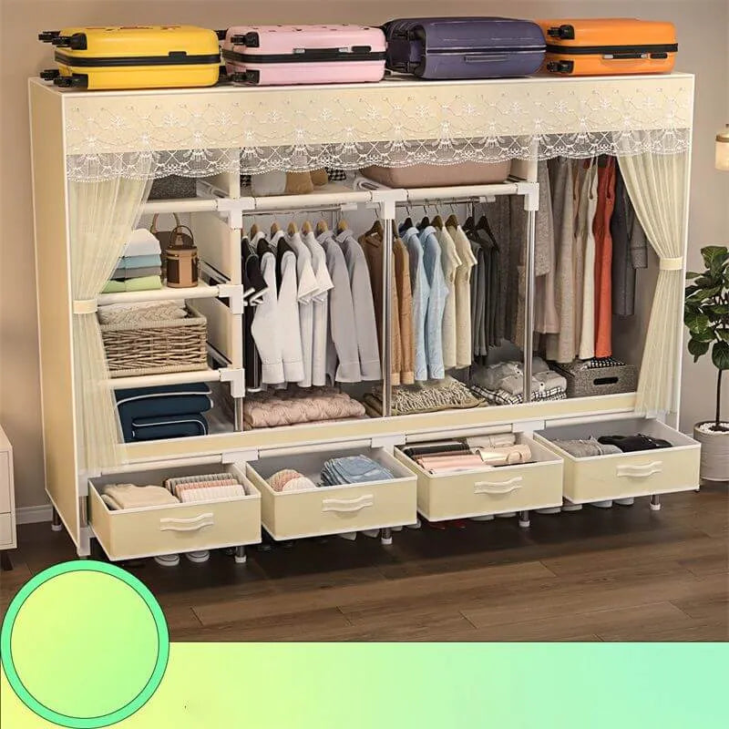 Curtain Front Metal Wardrobe Armoire With Drawers And Hanging Rod