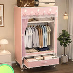 Curtain Front Metal Wardrobe Armoire With Drawers And Hanging Rod