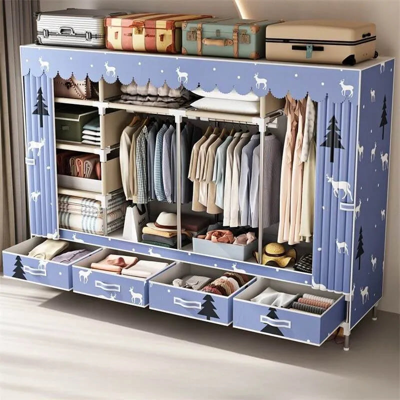 Curtain Front Metal Wardrobe Armoire With Drawers And Hanging Rod