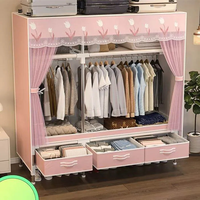 Curtain Front Metal Wardrobe Armoire With Drawers And Hanging Rod