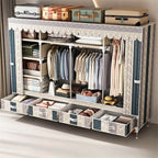 Curtain Front Metal Wardrobe Armoire With Drawers And Hanging Rod