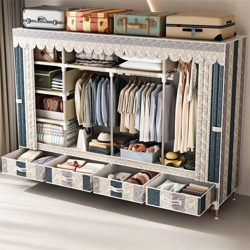 Curtain Front Metal Wardrobe Armoire With Drawers And Hanging Rod