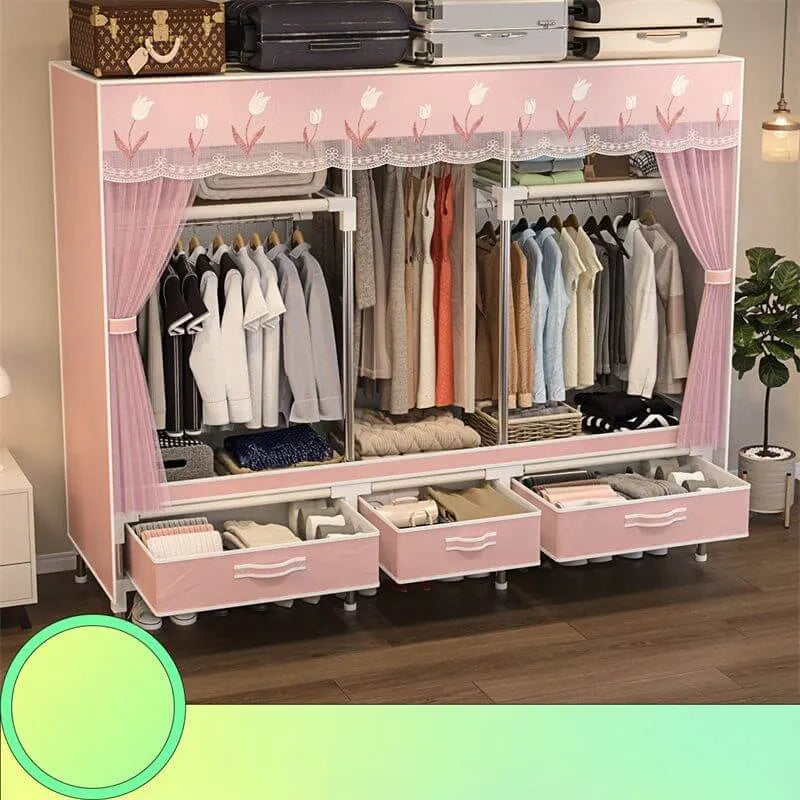 Curtain Front Metal Wardrobe Armoire With Drawers And Hanging Rod