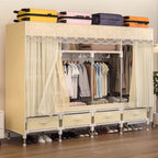 Curtain Front Metal Wardrobe Armoire With Drawers And Hanging Rod