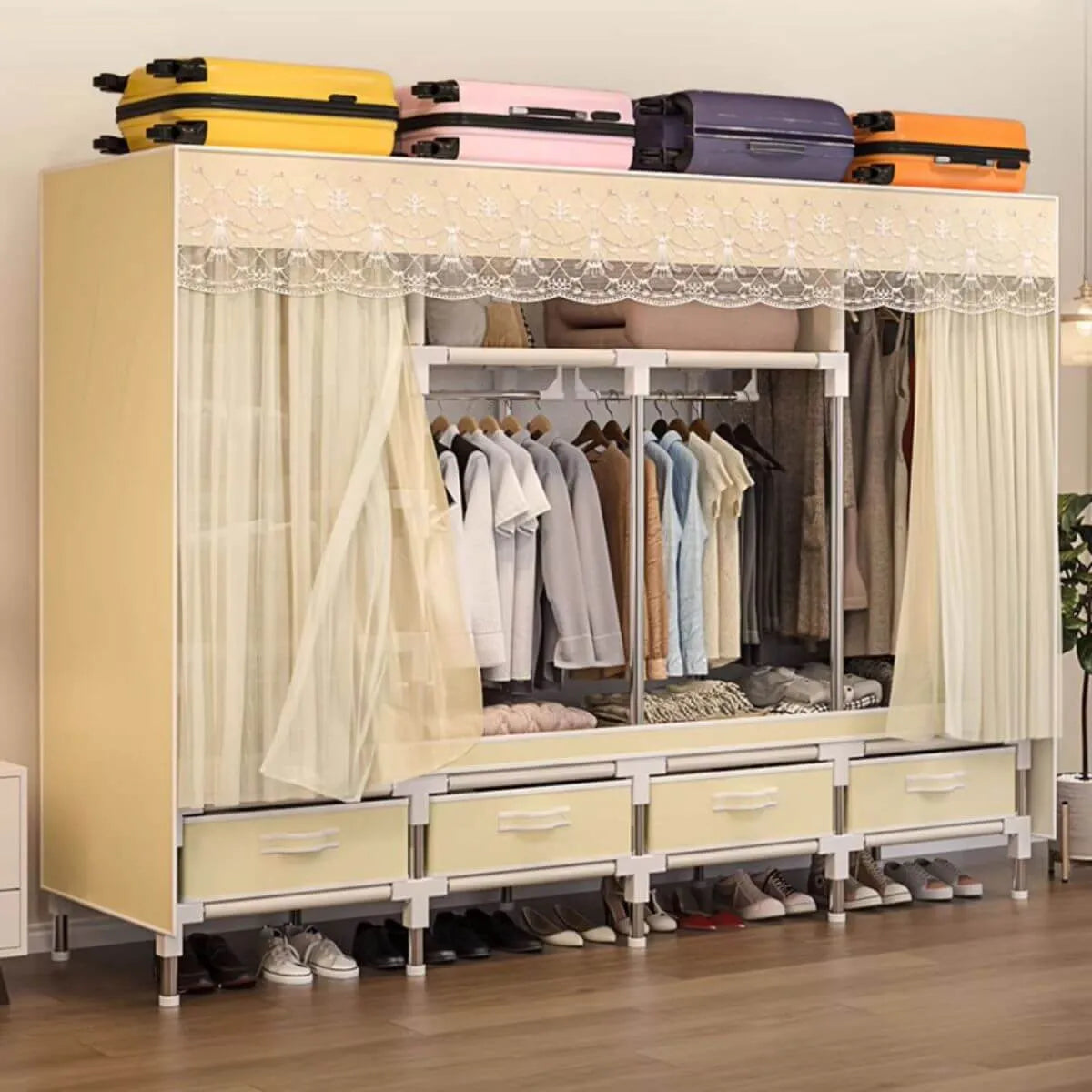 Curtain Front Metal Wardrobe Armoire With Drawers And Hanging Rod