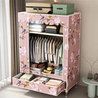 Curtain Front Metal Wardrobe Armoire With Drawers And Hanging Rod