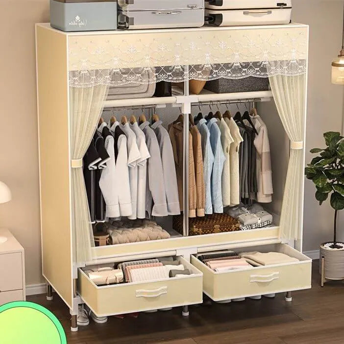 Curtain Front Metal Wardrobe Armoire With Drawers And Hanging Rod