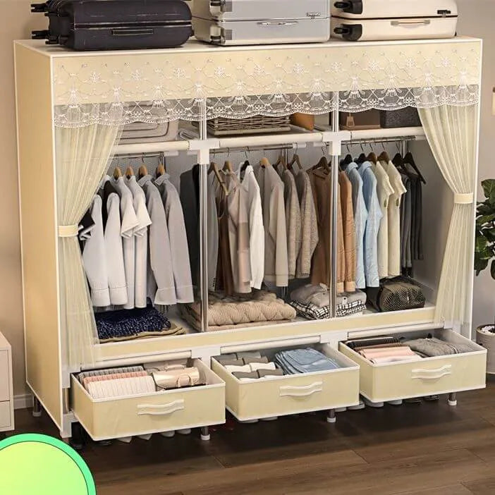 Curtain Front Metal Wardrobe Armoire With Drawers And Hanging Rod