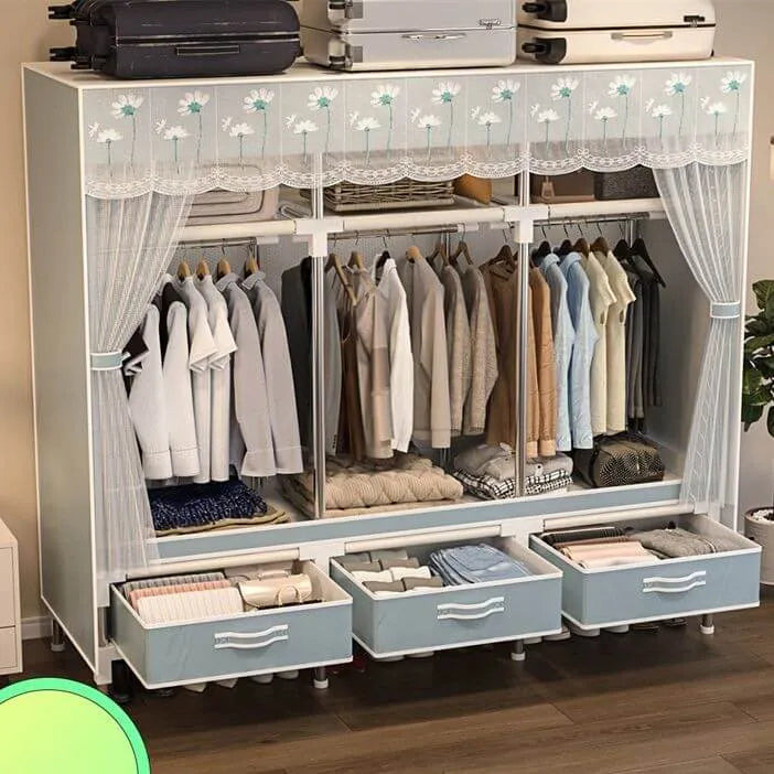 Curtain Front Metal Wardrobe Armoire With Drawers And Hanging Rod