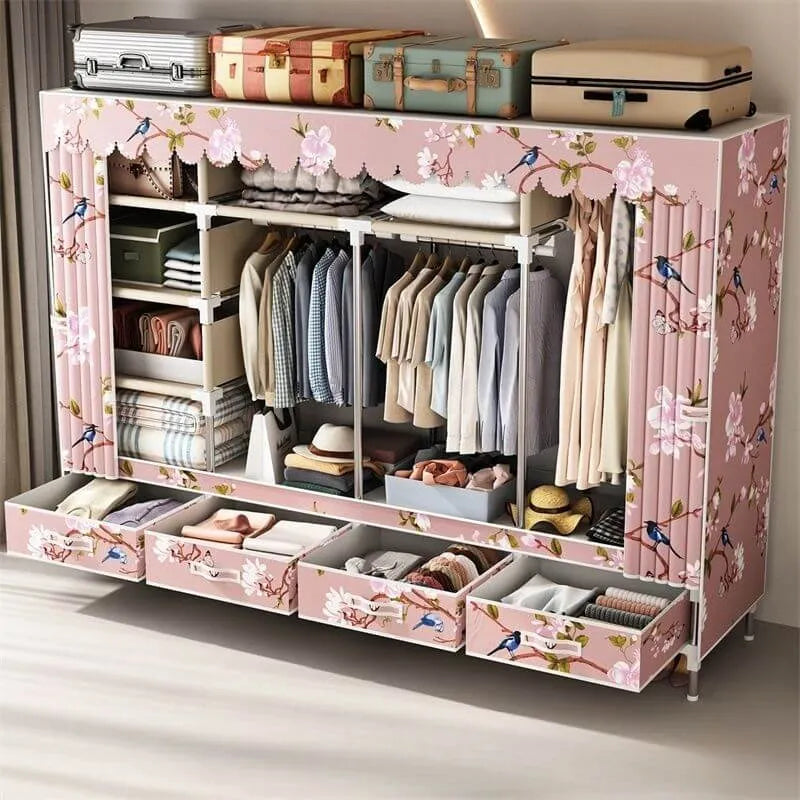 Curtain Front Metal Wardrobe Armoire With Drawers And Hanging Rod