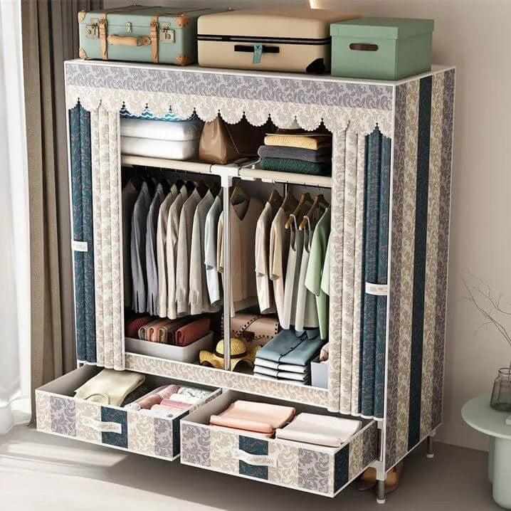 Curtain Front Metal Wardrobe Armoire With Drawers And Hanging Rod