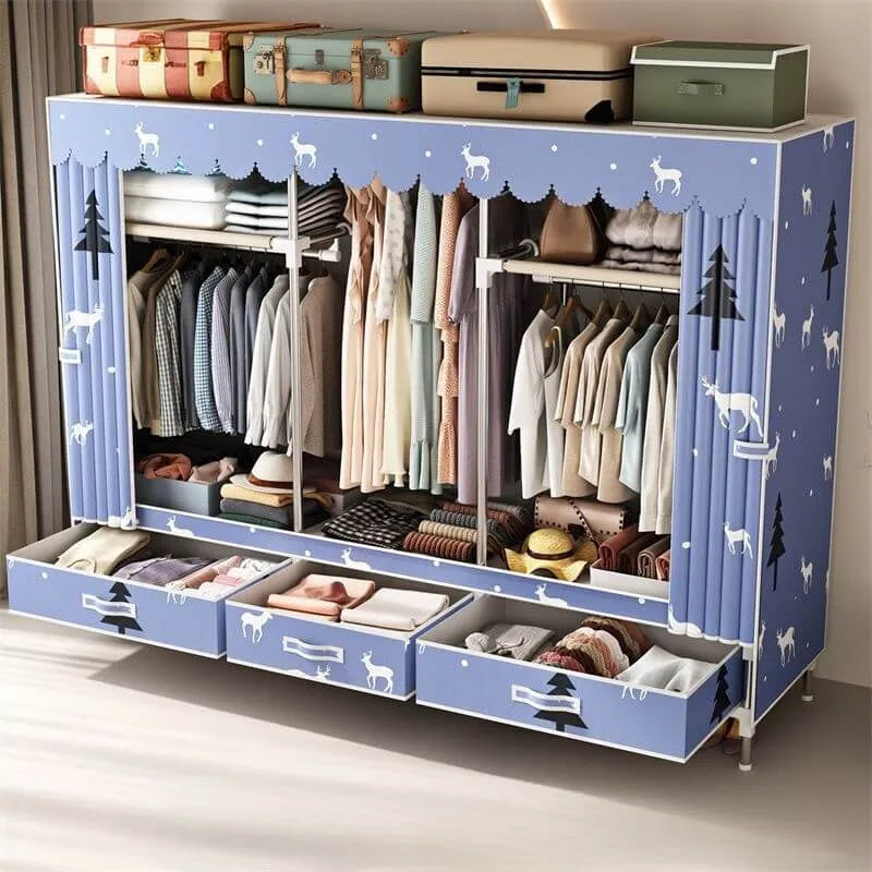 Curtain Front Metal Wardrobe Armoire With Drawers And Hanging Rod