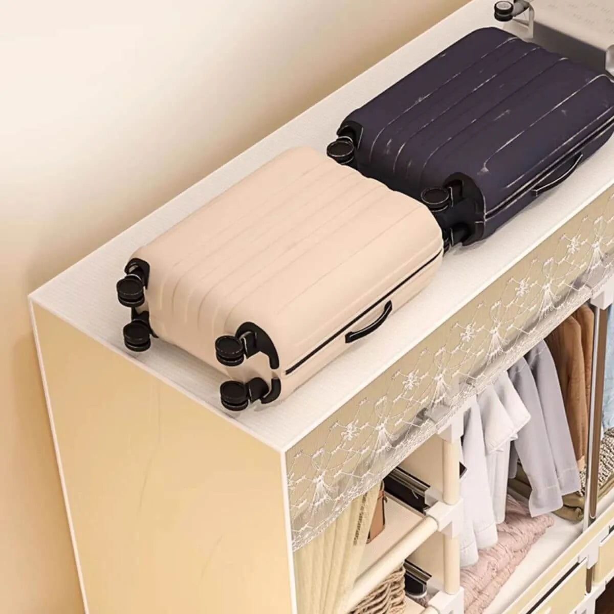 Curtain Front Metal Wardrobe Armoire With Drawers And Hanging Rod