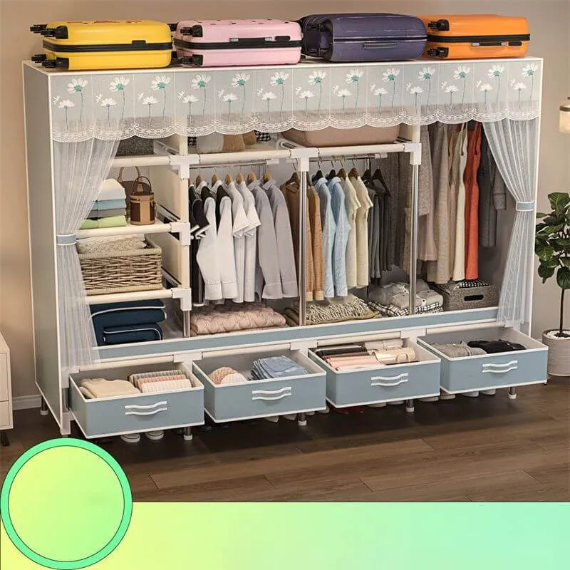 Curtain Front Metal Wardrobe Armoire With Drawers And Hanging Rod