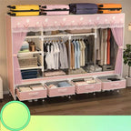 Curtain Front Metal Wardrobe Armoire With Drawers And Hanging Rod
