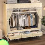 Curtain Front Metal Wardrobe Armoire With Drawers And Hanging Rod
