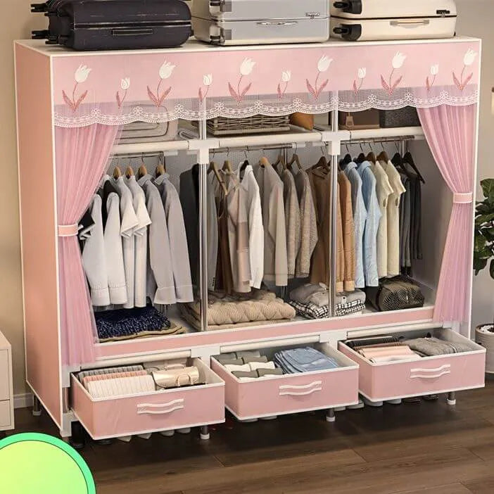 Curtain Front Metal Wardrobe Armoire With Drawers And Hanging Rod