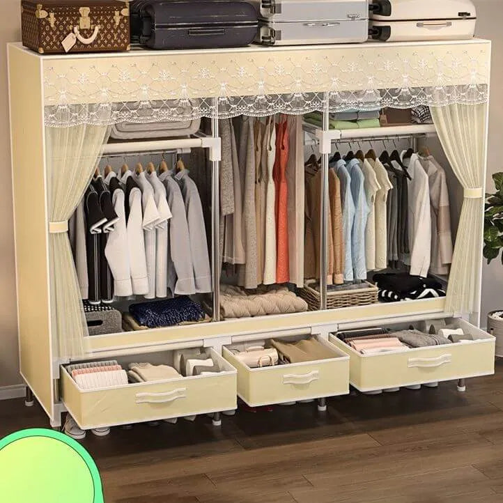 Curtain Front Metal Wardrobe Armoire With Drawers And Hanging Rod