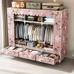 Curtain Front Metal Wardrobe Armoire With Drawers And Hanging Rod