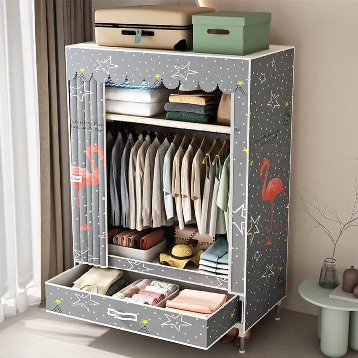 Curtain Front Metal Wardrobe Armoire With Drawers And Hanging Rod