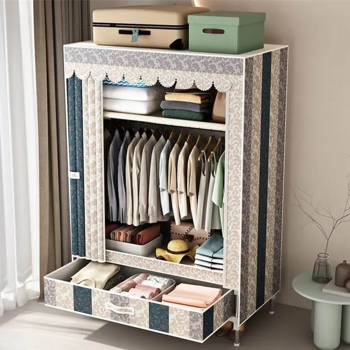 Curtain Front Metal Wardrobe Armoire With Drawers And Hanging Rod