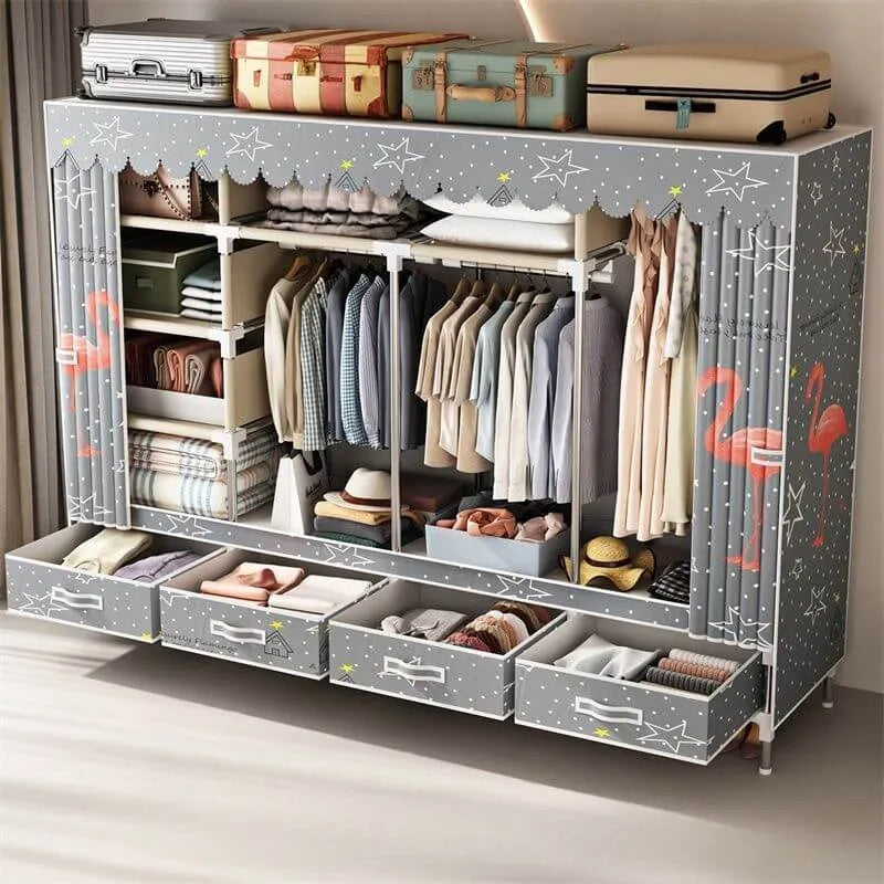 Curtain Front Metal Wardrobe Armoire With Drawers And Hanging Rod