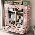 Curtain Front Metal Wardrobe Armoire With Drawers And Hanging Rod