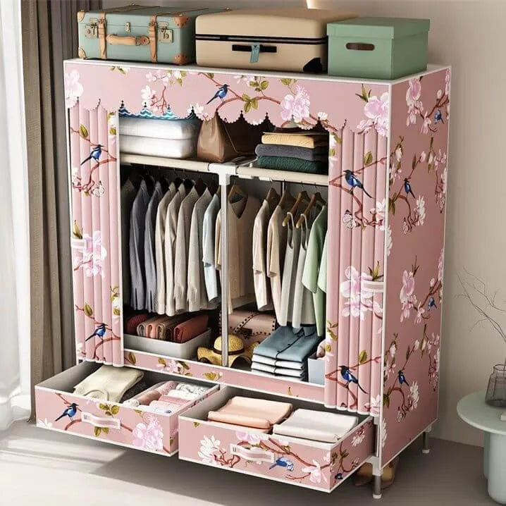 Curtain Front Metal Wardrobe Armoire With Drawers And Hanging Rod