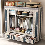 Curtain Front Metal Wardrobe Armoire With Drawers And Hanging Rod