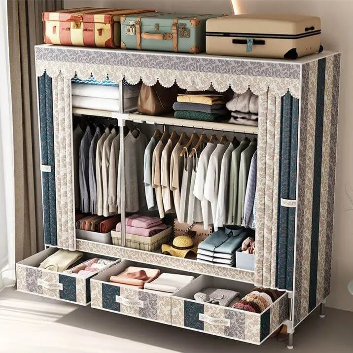Curtain Front Metal Wardrobe Armoire With Drawers And Hanging Rod