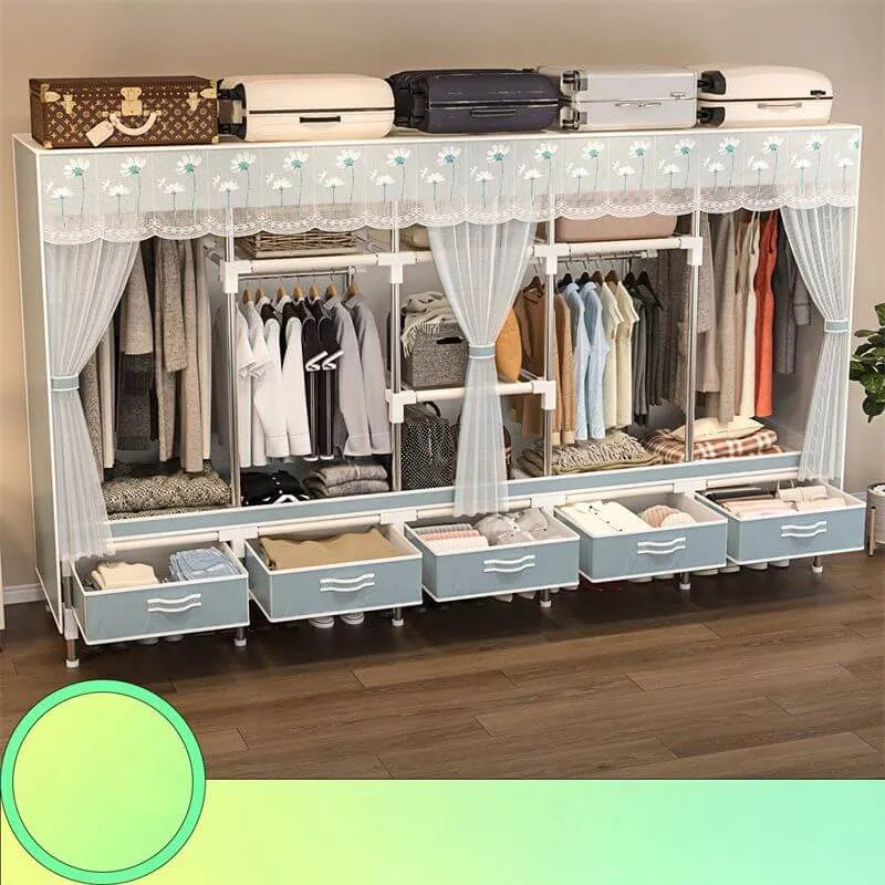 Curtain Front Metal Wardrobe Armoire With Drawers And Hanging Rod