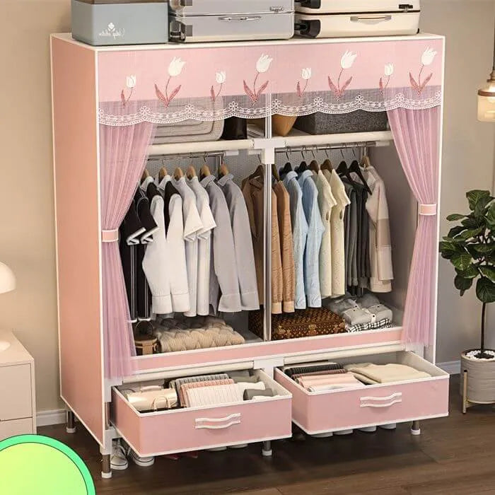 Curtain Front Metal Wardrobe Armoire With Drawers And Hanging Rod