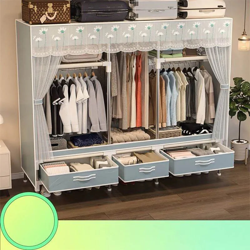 Curtain Front Metal Wardrobe Armoire With Drawers And Hanging Rod