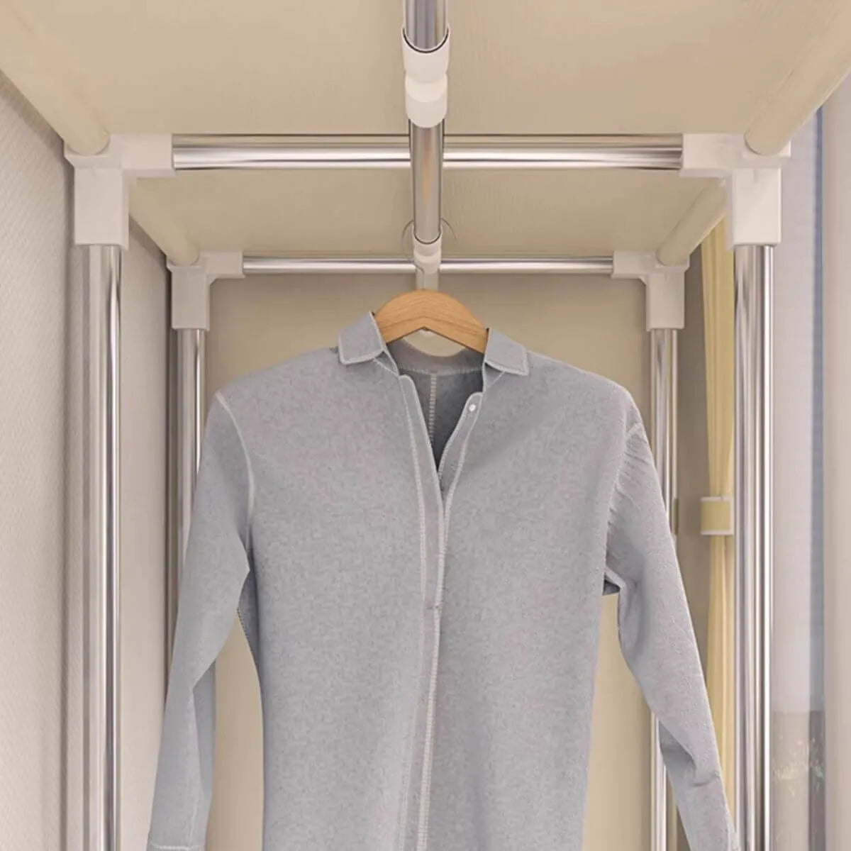 Curtain Front Metal Wardrobe Armoire With Drawers And Hanging Rod