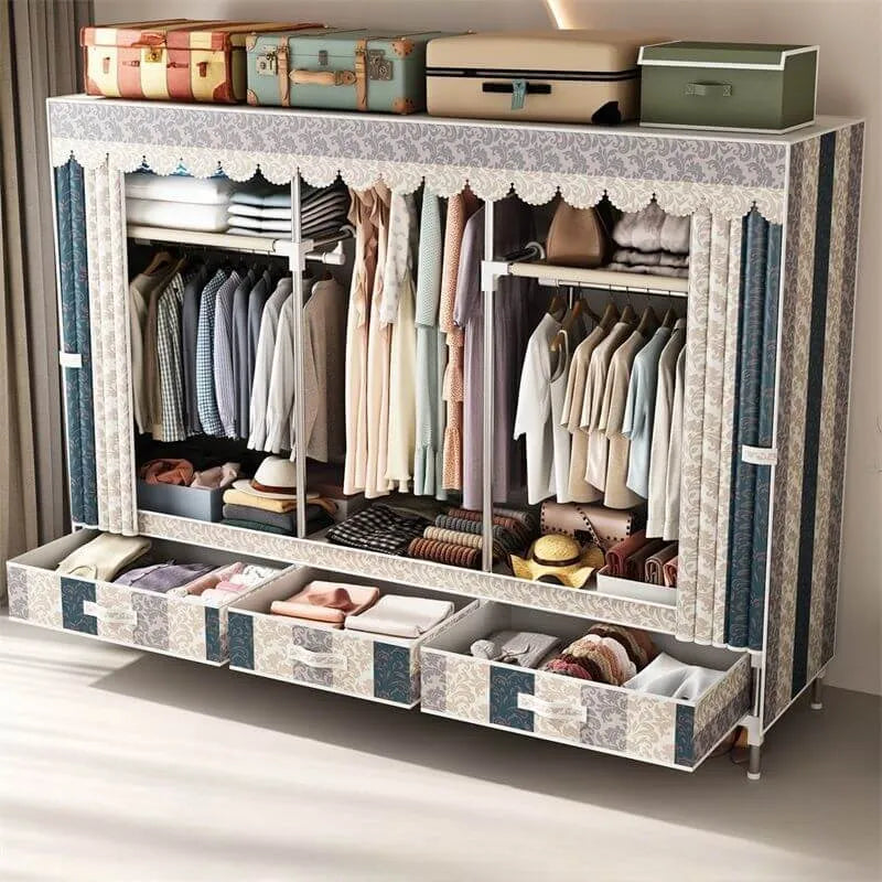 Curtain Front Metal Wardrobe Armoire With Drawers And Hanging Rod