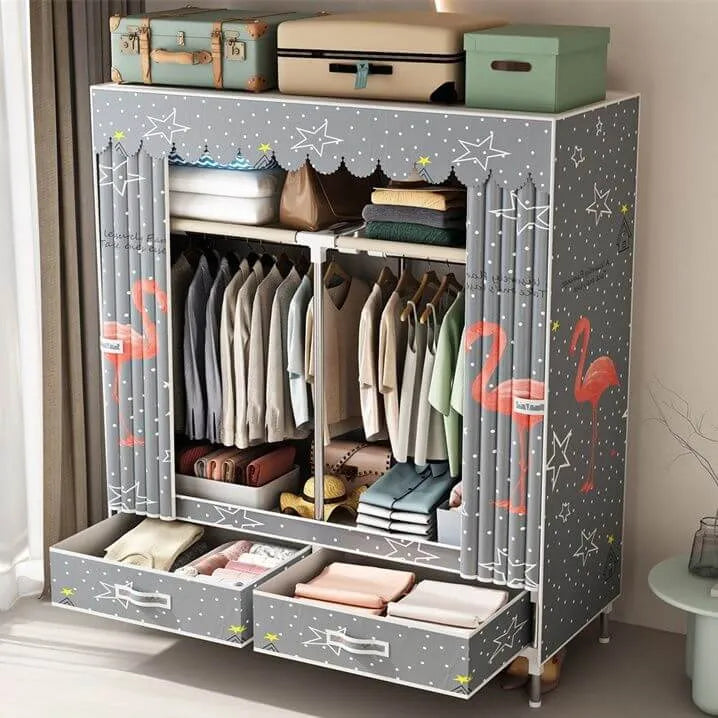 Curtain Front Metal Wardrobe Armoire With Drawers And Hanging Rod