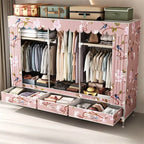 Curtain Front Metal Wardrobe Armoire With Drawers And Hanging Rod