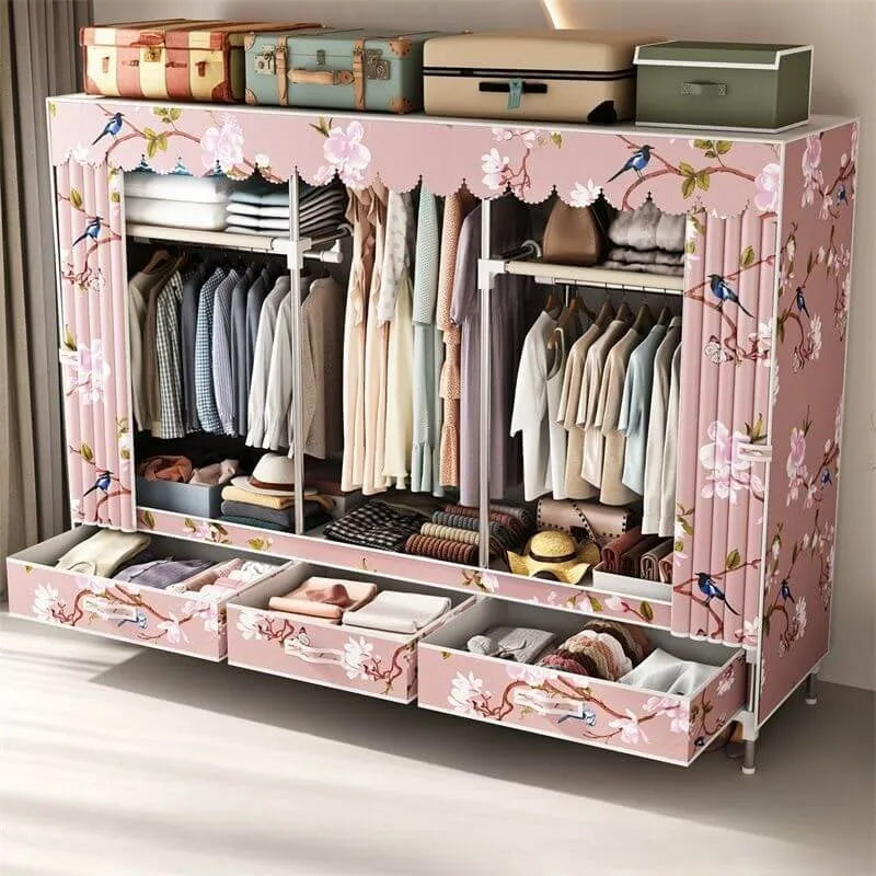 Curtain Front Metal Wardrobe Armoire With Drawers And Hanging Rod