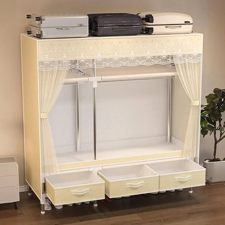 Curtain Front Metal Wardrobe Armoire With Drawers And Hanging Rod Main Product Image