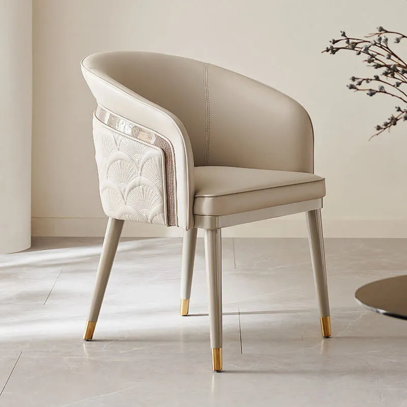Curved Arm Leather Dining Chair Series with Lacquered Legs and Tailored Trim