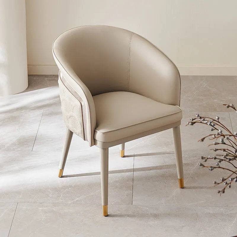 Curved Arm Leather Dining Chair Series with Lacquered Legs and Tailored Trim