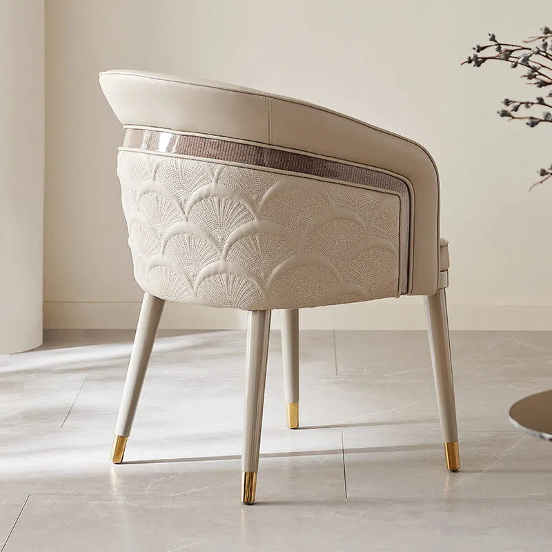 Curved Arm Leather Dining Chair Series with Lacquered Legs and Tailored Trim