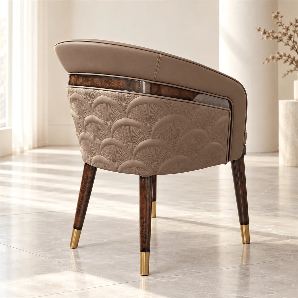 Curved Arm Leather Dining Chair Series with Lacquered Legs and Tailored Trim