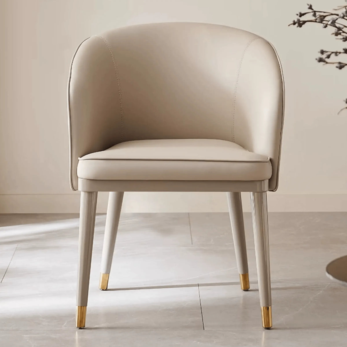 Curved Arm Leather Dining Chair Series with Lacquered Legs and Tailored Trim