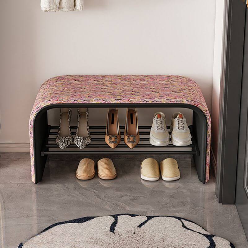 Curved Backless Entryway Bench with Pixelated Abstract Fabric and Industrial Metal Base Main Product Image