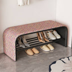Curved Backless Entryway Bench with Pixelated Abstract Fabric and Industrial Metal Base