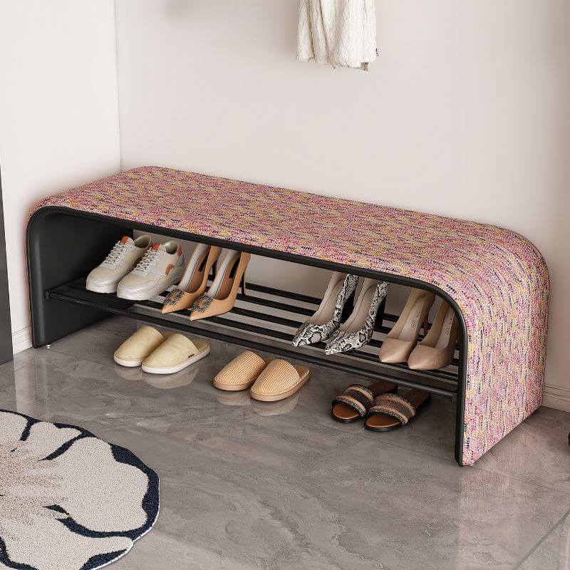 Curved Backless Entryway Bench with Pixelated Abstract Fabric and Industrial Metal Base