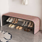 Curved Backless Entryway Bench with Pixelated Abstract Fabric and Industrial Metal Base
