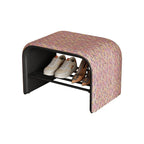 Curved Backless Entryway Bench with Pixelated Abstract Fabric and Industrial Metal Base